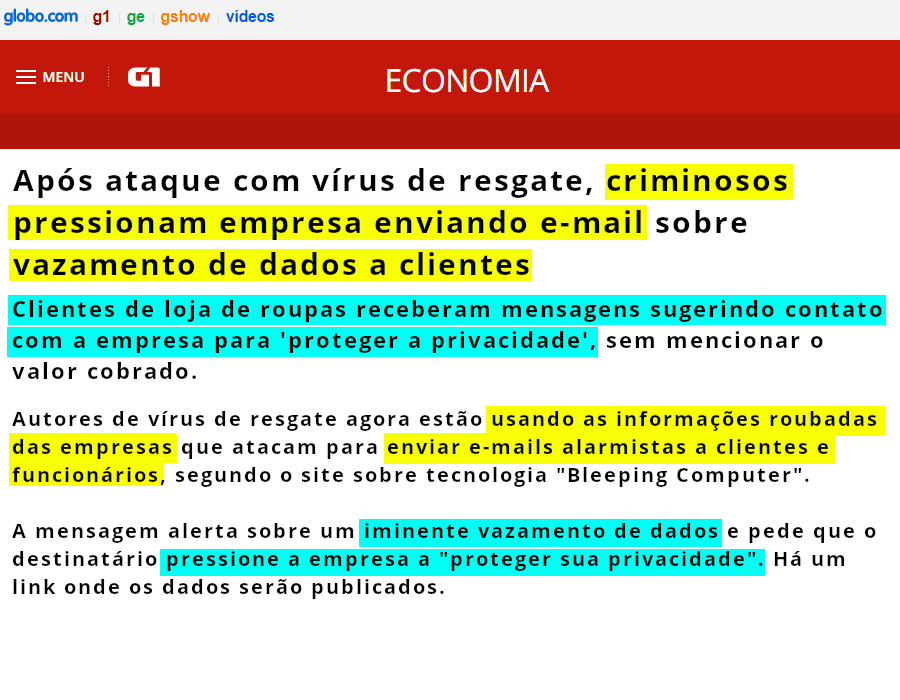 Globo: Ataque Ransomware à Loja de Roupas e LGPD